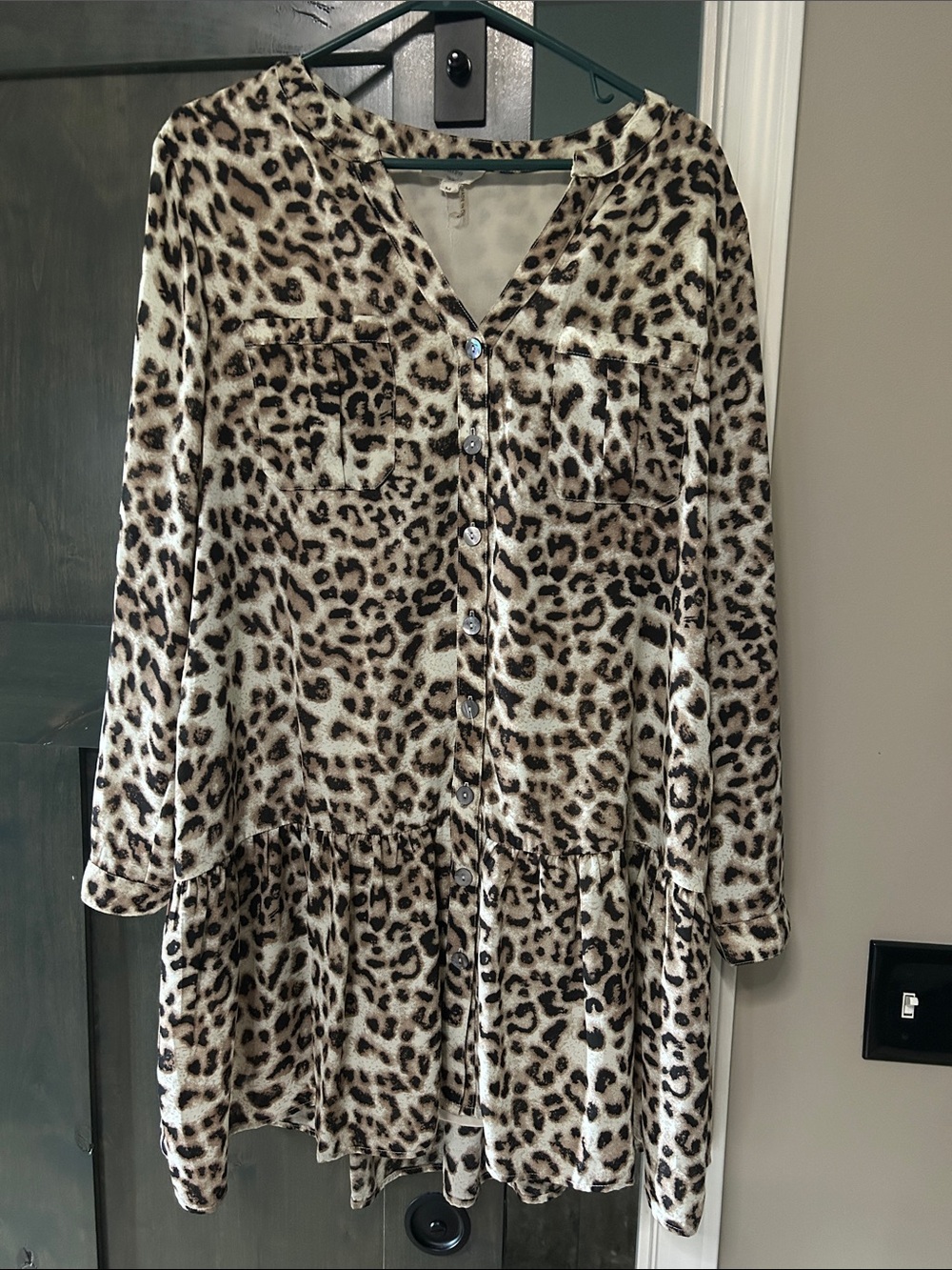 entro Leopard Print Long-Sleeve Button Dress in Beige and Brown